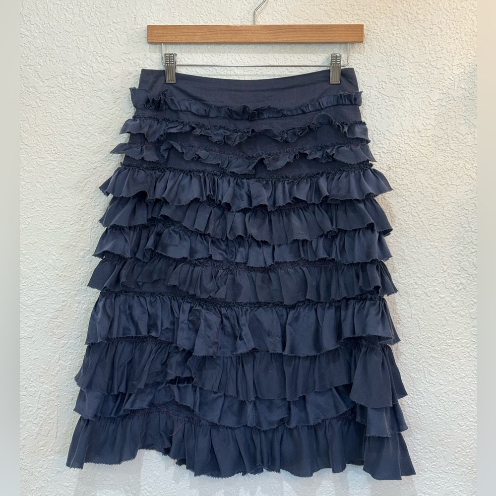 Anthropologie Navy Tiered Ruffle Skirt with Pink Green Stitching Size 4